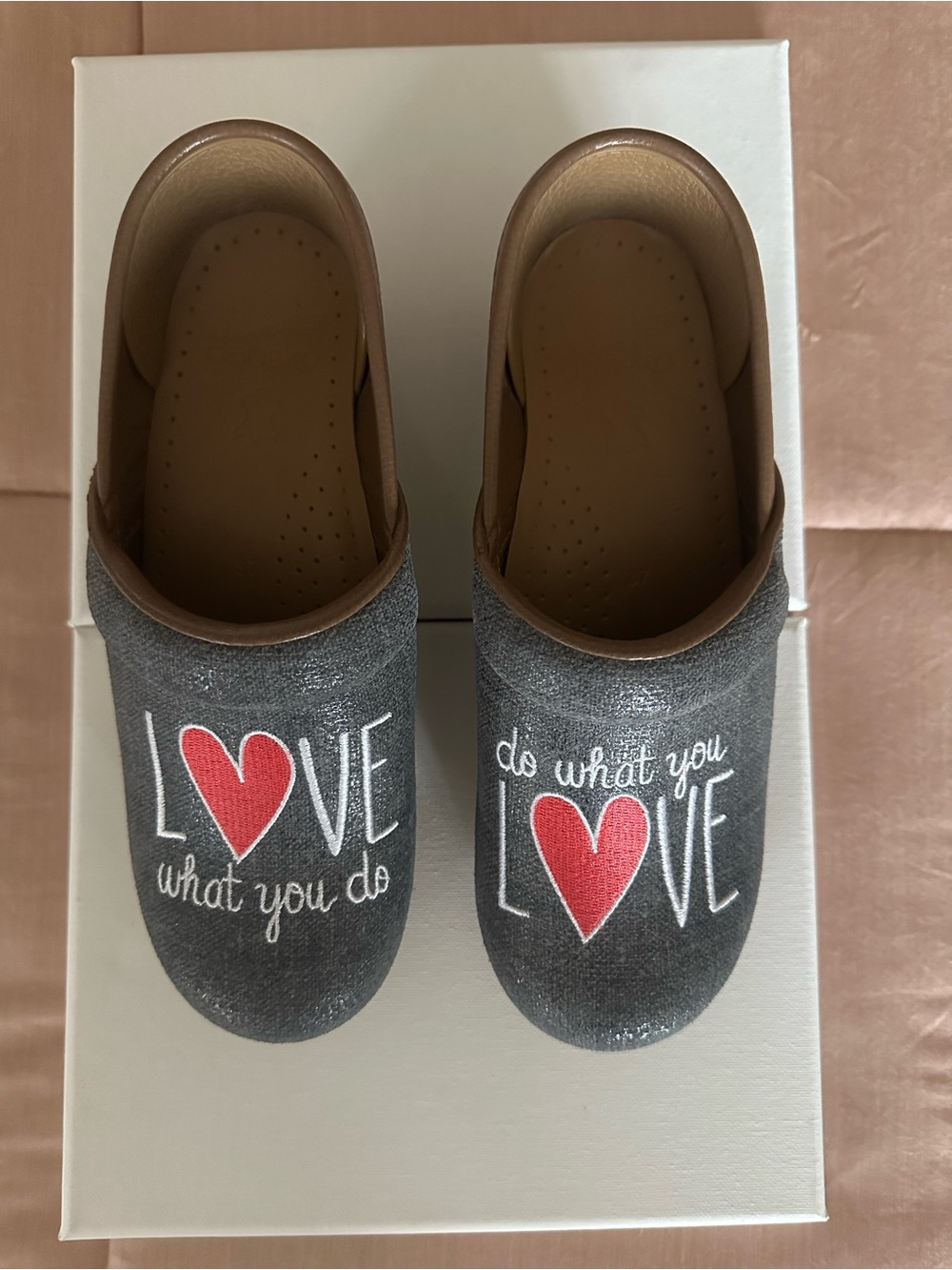 Dansko Gray Clogs with Red Heart Graphic